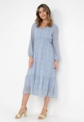 Jasnoniebieska Sukienka Ianthessa. Niebieskie sukienki Born2be, na imprezę, l, bez wzorów, z zamszu, bez kołnierzyka, bez ramiączek, midi, rozkloszowane. Za 84.99 zł.