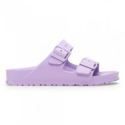 Klapki damskie Birkenstock Arizona Eva. Fioletowe klapki Birkenstock, bez wzorów, z materiału, bez obcasa. Za 359.99 zł.