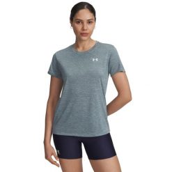 Koszulka treningowa damska Under Armour Tech Twist jasper blue/white. Niebieskie bluzki Under Armour, bez wzorów, sportowe, bez kołnierzyka, bez ramiączek. Za 94.99 zł.