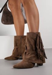 Brązowe Botki w Stylu Boho z Wywiniętą Cholewką i Frędzlami Harile. Brązowe botki Born2be, bez wzorów, z jeansu, bez obcasa, na obcasie, bez zapięcia. Za 159.99 zł.