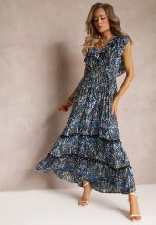 Granatowo-Czarna Wiskozowa Sukienka Maxi z Pomponami i Gumką w Talii Belmona. Niebieskie sukienki Renee, na imprezę, na lato, m, bez wzorów, z wiskozy, bez kołnierzyka, bez ramiączek, maxi, rozkloszowane. Za 74.99 zł.