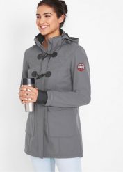 Kurtka budrysówka softshell, z materiału odpychającego wodę. Czarne kurtki sportowe bonprix, bez wzorów, z softshellu, z kapturem. Za 299.99 zł.
