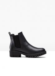 Sztyblety. Czarne botki bonprix, bez wzorów, bez obcasa, bez zapięcia. Za 127.99 zł.