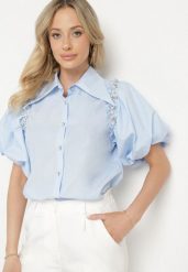Jasnoniebieska Koszula Caneope. Niebieskie koszule Born2be, m, z aplikacjami, z tkaniny, klasyczne, bez kołnierzyka, bez ramiączek. Za 44.99 zł.