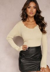 Beżowy Sweter z Prążkowanej Dzianiny i Połyskującą Nitką Sunner. Brązowe swetry Renee, m, bez wzorów, z dzianiny, bez ramiączek. Za 99.99 zł.