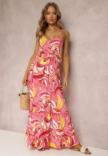 Różowa Sukienka Pyrhochis. Czerwone sukienki Renee, na imprezę, l, bez wzorów, z wiskozy, bez kołnierzyka, bez ramiączek, maxi. Za 59.99 zł.