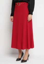 Bordowa Rozkloszowana Spódnica z Wysokim Stanem Ozdobiona Paskiem z Klamrą Lobir. Czerwone spódnice Born2be, na co dzień, uniwersalny, bez wzorów, eleganckie, maxi, koszulowe. Za 69.99 zł.