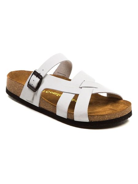 Comfortfusse Skórzane klapki w kolorze białym rozmiar: 40. Białe klapki Comfortfüße, bez wzorów, z otwartym noskiem, bez obcasa. Za 254.95 zł.
