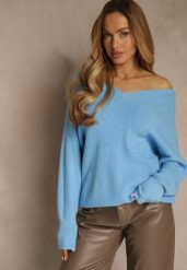 Niebieski Sweter z Dodatkiem Kaszmiru i Trójkątnym Dekoltem Silefera. Niebieskie swetry Renee, bez wzorów, z jeansu, bez ramiączek. Za 99.99 zł.