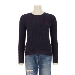 Second life - Damski sweter z grubym splotem cable knit - Stan bardzo dobry. Niebieskie golfy RALPH LAUREN, bez wzorów, ze splotem, bez ramiączek. Za 255.56 zł.