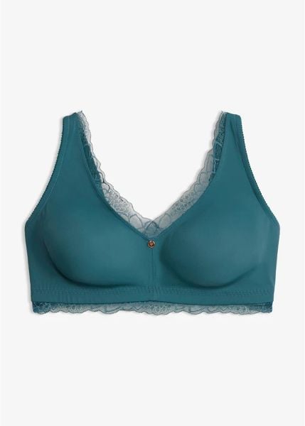 Braletka minimizer bez fiszbinów z delikatną koronką. Niebieskie biustonosze bonprix, bez wzorów, z koronki. Za 79.99 zł.