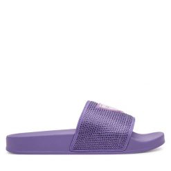 Klapki Guess. Fioletowe klapki Guess, z aplikacjami, bez obcasa. Za 159.99 zł.