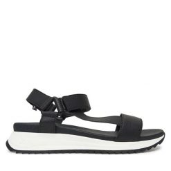 Sandały Rieker. Czarne sandały Rieker, bez wzorów, bez obcasa, na koturnie, bez zapięcia. Za 349.99 zł.