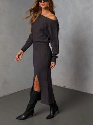 Milan Kiss Sukienka dzianinowa w kolorze szarym rozmiar: XL. Szare sukienki Milan Kiss, na co dzień, xl, bez wzorów, z dzianiny, bez kołnierzyka, bez ramiączek, maxi, proste. Za 217.99 zł.