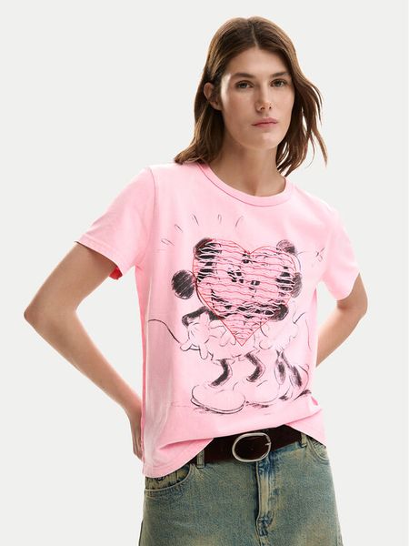 Desigual T-Shirt Core Mickey 26SWTK42 Różowy Regular Fit. Czerwone t-shirty Desigual, s, bez wzorów, z bawełny, bez kołnierzyka, bez ramiączek. Za 196.99 zł.