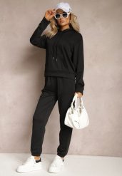 Czarny Klasyczny Komplet Dresowy z Bluzą Kangurką i Spodniami Typu Jogger Salevia. Czarne bluzy Renee, m, bez wzorów, z dresówki, bez kaptura. Za 79.99 zł.