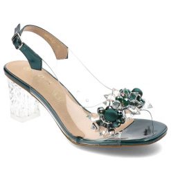 Zielone Sandały S.Barski Eleganckie Transparentne Obuwie Damskie Na Słupku. Zielone sandały S.BARSKI, z aplikacjami, z materiału, eleganckie, bez obcasa, na obcasie, bez zapięcia. Za 189.00 zł.