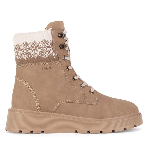 Trzewiki Rieker. Brązowe botki Rieker, bez wzorów, bez obcasa, na płaskiej podeszwie, bez zapięcia. Za 351.00 zł.