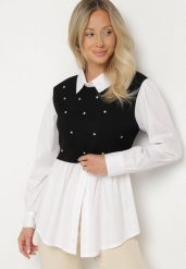 Czarna Rozkloszowana Bluzka Koszulowa z Wiskozą z Wszytą Kamizelką z Cyrkoniami Uliaviela. Czarne bluzki Born2be, bez wzorów, z jeansu, eleganckie, bez kołnierzyka, bez ramiączek. W wyprzedaży za 84.99 zł.