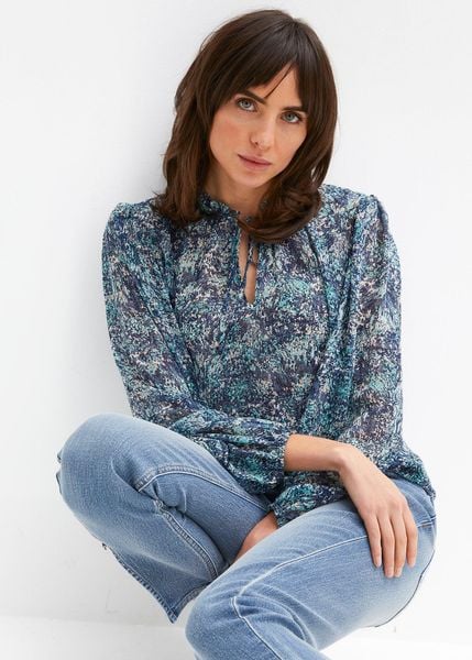 Bluzka w stylu tuniki z wiązanym troczkiem. Niebieskie bluzki bonprix, bez wzorów, bez kołnierzyka, bez ramiączek. Za 129.99 zł.