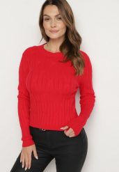 Czerwony Sweter z Wiskozą Ozdobiony Tłoczeniem Savinia. Czerwone swetry Born2be, bez wzorów, z jeansu, bez ramiączek. Za 79.99 zł.
