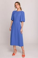 Elegancka sukienka koktajlowa bufiaste rękawy niebieska. Niebieskie sukienki Stylove, na imprezę, l, bez wzorów, z elastanu, eleganckie, bez kołnierzyka, bez ramiączek, midi, dopasowane. Za 509.00 zł.