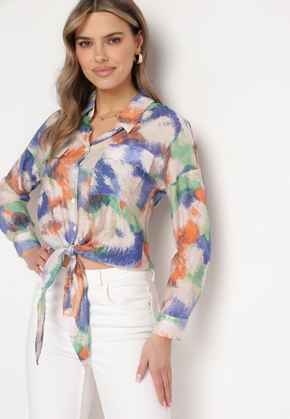 Beżowo-Granatowa Koszula z Artystycznym Wzorem z Wiązaniem i Kieszeniami Avertippa. Brązowe koszule Born2be, l, bez wzorów, z jeansu, eleganckie, bez kołnierzyka, bez ramiączek. Za 109.99 zł.