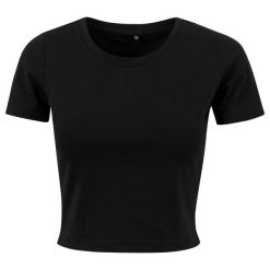 Damska Crop Top. Czarne topy BUILD YOUR BRAND, l, bez wzorów, bez kołnierzyka, bez ramiączek. Za 54.99 zł.
