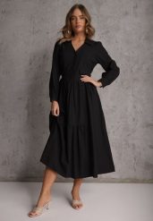 Czarna Rozkloszowana Sukienka Koszulowa z Bawełny i Wiskozy Zdobiona Klapami Gleta. Czarne sukienki Renee, na co dzień, l, z aplikacjami, z bawełny, eleganckie, bez kołnierzyka, bez ramiączek, maxi, koszulowe. Za 139.99 zł.