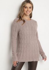 Ciemnobeżowy Sweter z Wiskozą i Ozdobnym Splotem Savria. Brązowe swetry Born2be, bez wzorów, z jeansu, bez ramiączek. Za 89.99 zł.