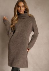 Jasnobrązowa Sweterkowa Sukienka Golf z Wełną i Wiskozą Fedorina. Brązowe sukienki Renee, na co dzień, bez wzorów, z wełny, bez kołnierzyka, bez ramiączek, midi, oversize. Za 179.99 zł.