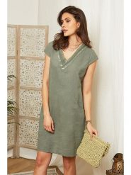 Lin Passion Lniana sukienka w kolorze khaki rozmiar: 34/36. Brązowe sukienki Lin Passion, na co dzień, bez wzorów, z koronki, klasyczne, bez kołnierzyka, bez ramiączek, mini, proste. Za 131.74 zł.