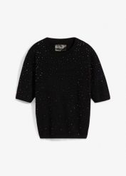 Sweter z połyskującymi kamieniami, rękawy 1/2. Czarne swetry bonprix, bez wzorów, z wiskozy, bez ramiączek. Za 129.99 zł.