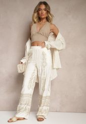 Beżowe Szerokie Spodnie z Lnem i Bawełną High Waist z Haftem i Metaliczną Nicią Serilia. Brązowe spodnie materiałowe Renee, na co dzień, m, bez wzorów, z bawełny, z podwyższonym stanem. Za 59.99 zł.