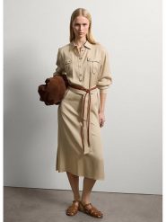 STEFANEL Sukienka w kolorze beżowym rozmiar: M. Brązowe sukienki Stefanel, na co dzień, m, bez wzorów, z tkaniny, bez kołnierzyka, bez ramiączek, midi, proste. Za 304.99 zł.