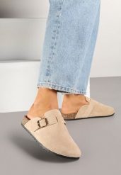 Beżowe Klapki Ozdobione Klamrą na Pasku Zelevelis. Brązowe klapki Renee, bez wzorów, z jeansu, bez obcasa, na obcasie. Za 54.99 zł.