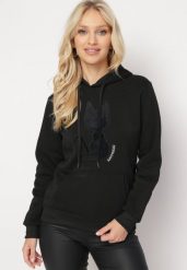 Czarna Bluza Wkładana Przez Głowę z Nadrukiem Czarnego Kota Ilio. Czarne bluzy Born2be, xl, bez wzorów, bez kaptura. Za 39.99 zł.