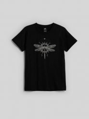 4F T-shirt regular z nadrukiem damski - czarny L. Czarne t-shirty 4f, l, bez wzorów, z bawełny, bez kołnierzyka, bez ramiączek. Za 59.99 zł.