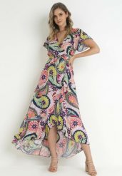 Różowo-Fioletowa Bawełniana Sukienka Maxi z Kopertowym Dekoltem i Materiałowym Paskiem Nadalynn. Czerwone sukienki Born2be, na lato, m, bez wzorów, z bawełny, bez kołnierzyka, bez ramiączek, maxi, kopertowe. Za 59.99 zł.