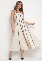 Jasnobeżowa Rozkloszowana Sukienka z Wiskozą w Pionowe Paski Gonavirae. Brązowe sukienki Born2be, na imprezę, na lato, m, bez wzorów, z bawełny, eleganckie, bez kołnierzyka, bez ramiączek, maxi, kopertowe. Za 149.99 zł.
