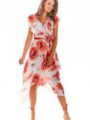Sukienka Model A308 Red Flowers - awama. Czerwone sukienki Awama, xxl, bez wzorów, z szyfonu, eleganckie, z asymetrycznym kołnierzem, bez ramiączek, asymetryczne. Za 396.72 zł.