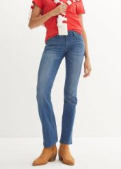 Jeansy o kroju bootcut, mid waist, ze stretchem. Niebieskie jeansy bonprix, bez wzorów. Za 122.99 zł.