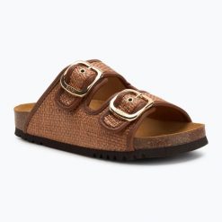 Klapki damskie Scholl Noelle Raffia. Brązowe klapki Scholl, bez wzorów, z materiału, bez obcasa. Za 269.99 zł.