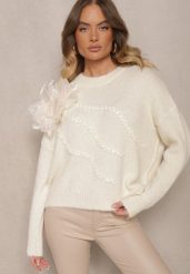 Jasnobeżowy Sweter z Naszywką w Kształcie Kwiatka i Perłami z Domieszką Wełny Sintinellia. Brązowe swetry Renee, m, z aplikacjami, z jeansu, bez ramiączek. Za 149.99 zł.