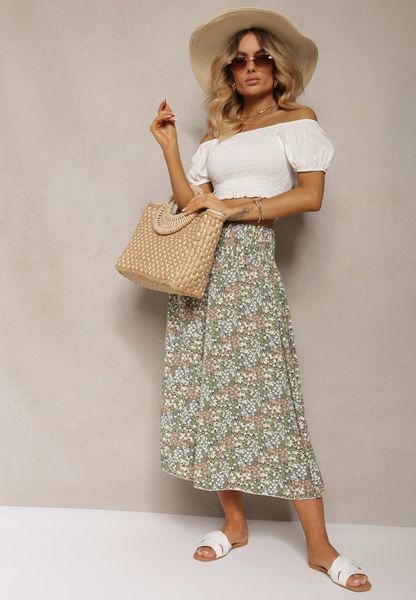 Zielone Szerokie Spodnie Culotte High Waist z Gumką w Talii Vikiisona. Zielone spodnie materiałowe Renee, na co dzień, l, bez wzorów, z bawełny, z podwyższonym stanem. Za 39.99 zł.
