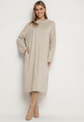 Beżowa Pudełkowa Sukienka z Wiskozą Ozdobiona Metaliczną Nicią Arfalea. Brązowe sukienki Born2be, na co dzień, bez wzorów, z jeansu, eleganckie, bez kołnierzyka, bez ramiączek, midi, proste. Za 119.99 zł.