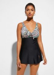 Sukienka kąpielowa z ozdobną kokardką. Czarne sukienki bonprix, na plażę, bez wzorów, bez kołnierzyka, bez ramiączek. Za 132.99 zł.