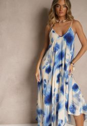 Niebieska Sukienka z Wiskozy Ozdobiona Abstrakcyjnym Wzorem Nilluna. Niebieskie sukienki Renee, na co dzień, na lato, m, bez wzorów, z jeansu, eleganckie, bez kołnierzyka, bez ramiączek, maxi, sportowe. Za 89.99 zł.