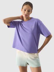 4F T-shirt oversize z nadrukiem damski - fioletowy S. Fioletowe t-shirty 4f, s, bez wzorów, z bawełny, bez kołnierzyka, bez ramiączek. W wyprzedaży za 39.99 zł.