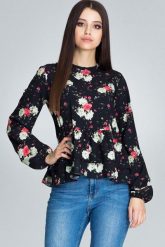 Wzorzysta Bluzka z Podwójną Falbanką - Wzór 75. Brązowe bluzki Figl, l, bez wzorów, z elastanu, bez kołnierzyka, bez ramiączek. Za 189.00 zł.